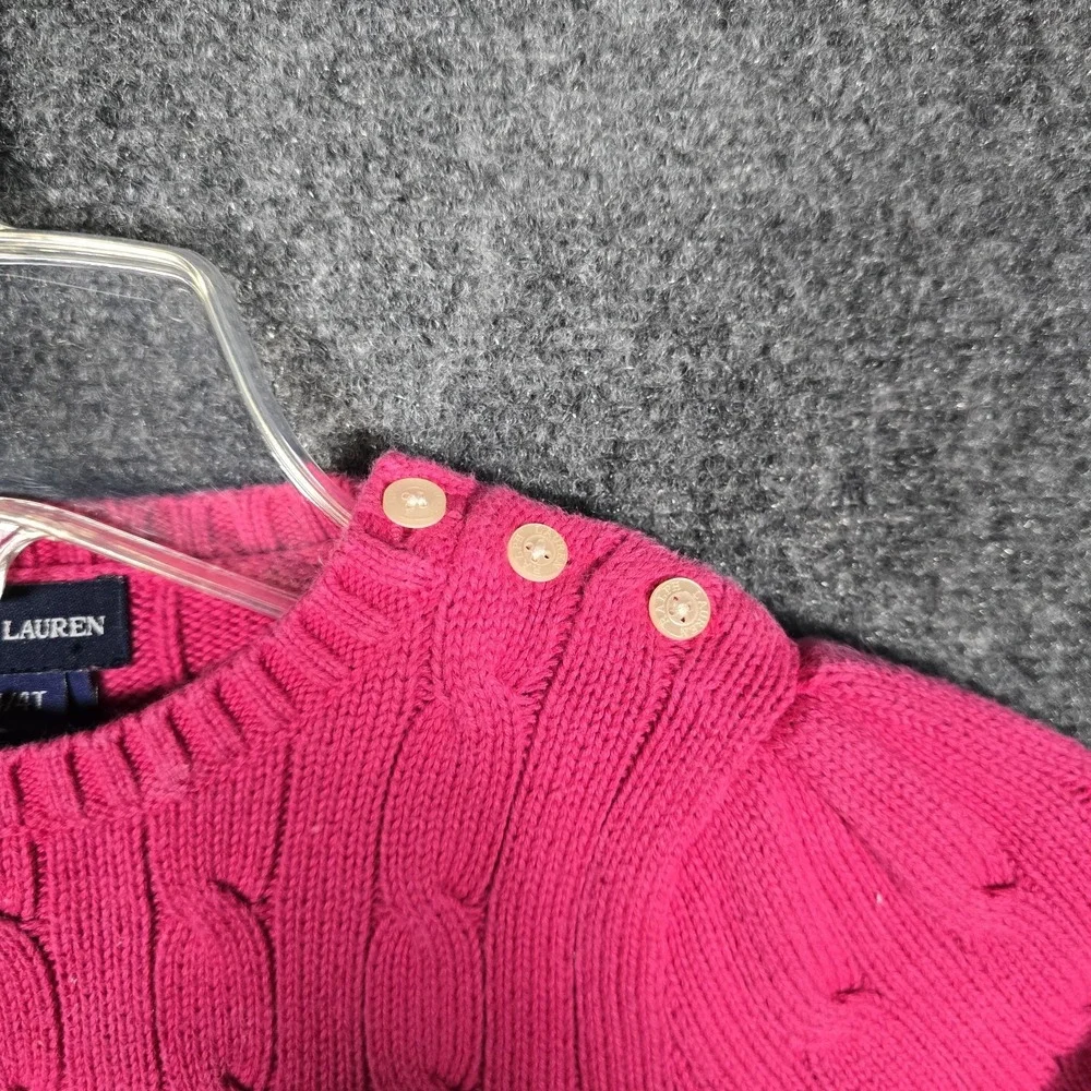 Vintage Ralph‎ Lauren Sweater Girls 4/4T Cable Knit Hot Pink Green Logo Button